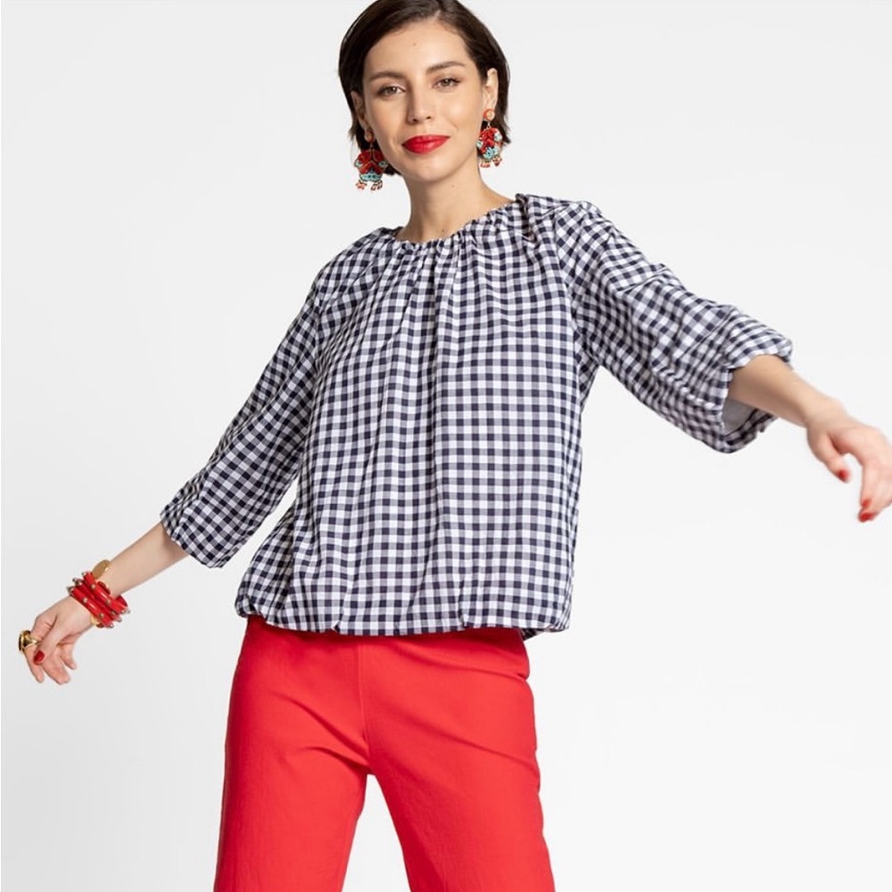 NEW Frances Valentine Emily Gingham Blue White  Cotton Top 1X New no tag